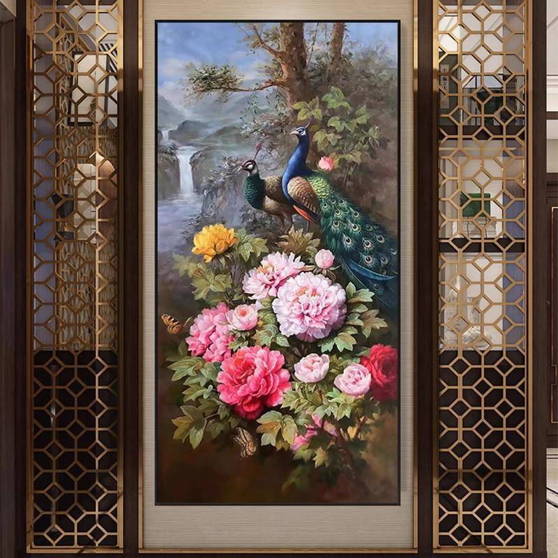 双孔雀花开富贵图玄关走廊尽头装饰画新中式牡丹花客厅挂画寓意好图片