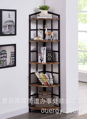 层业风角置OE120110物架客厅家具木质储物架转复古工棕色收5纳整