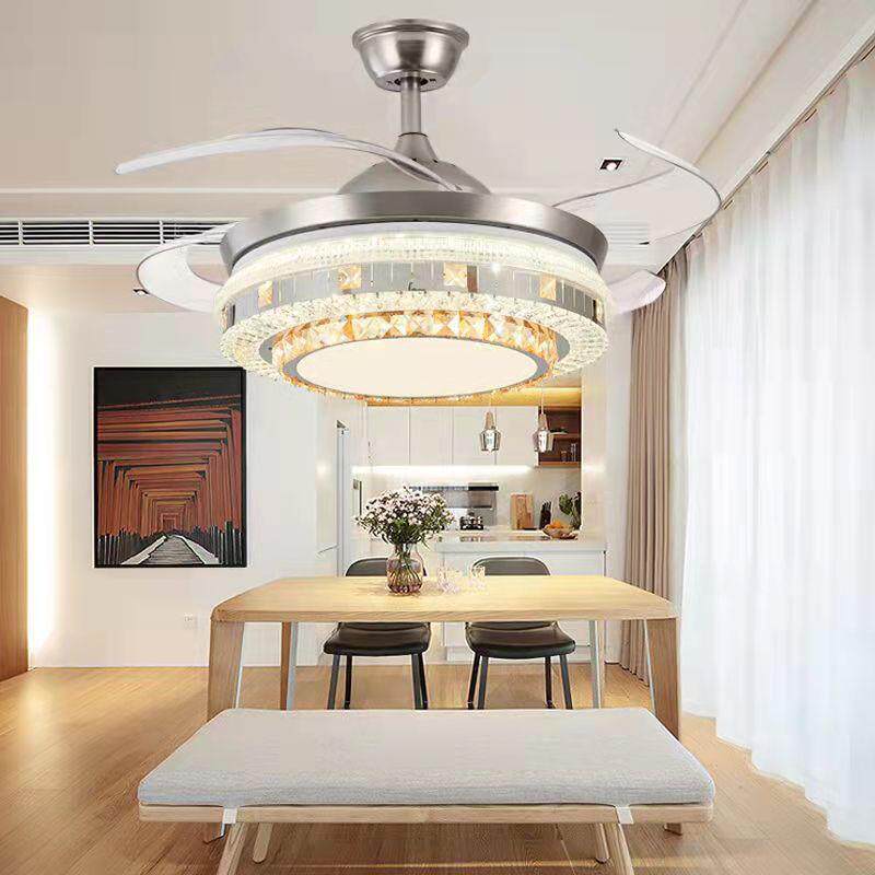 现代简水晶卧吊扇灯隐形风扇厅灯家用客厅餐室大风力无品牌/风扇