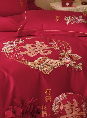 100S棉新中式刺全绣花结婚庆棉四纯套红色陪嫁床上PZ1319喜被套床