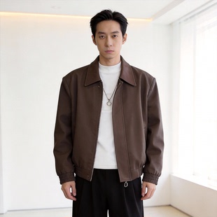春秋痞帅韩版纯色小短款百搭皮领夹克帅气外套男黑