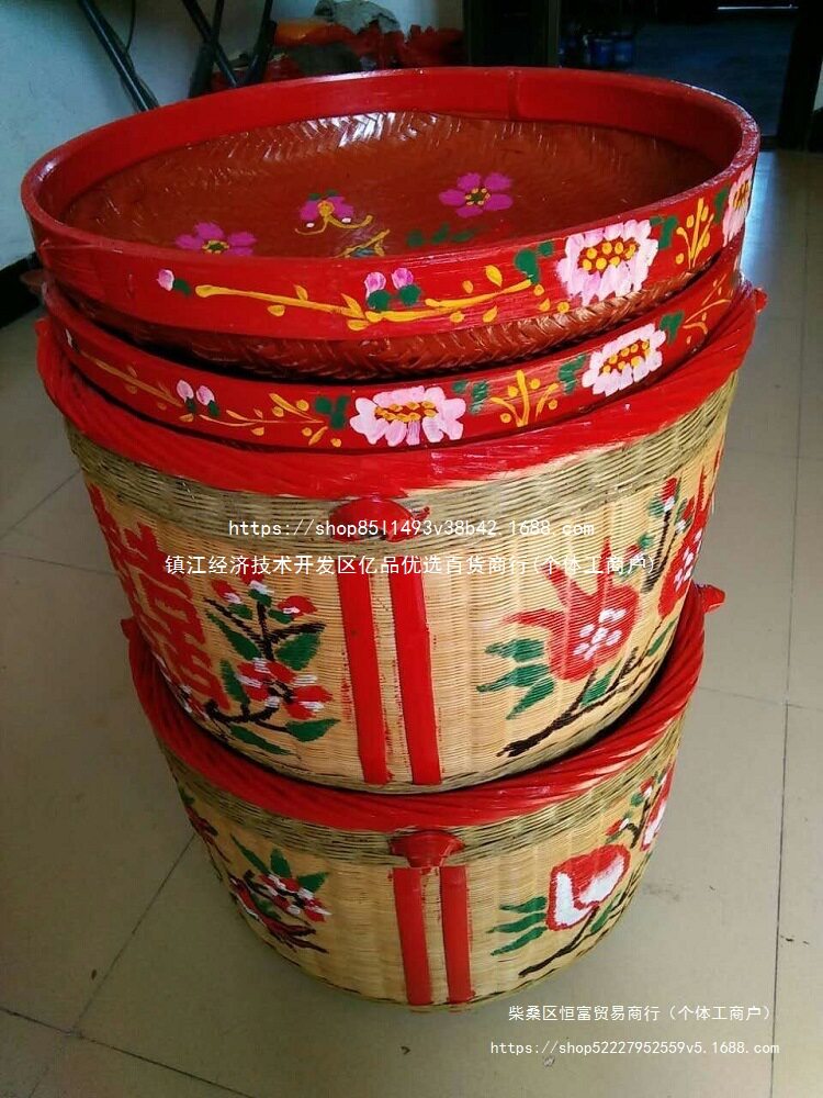 扁担箩筐女方竹箩筐大号结婚嫁妆圆形水果满月稻谷搬家竹编手工