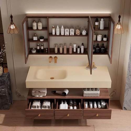 浴室柜中古风岩合板台热弯无缝盆一体63965组新中式卫生间洗漱洗