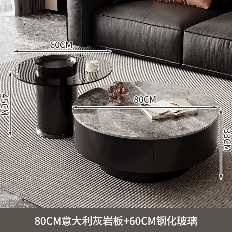 意式轻奢客厅家用小户型圆形简约高级现代茶桌岩板黑色茶几组合