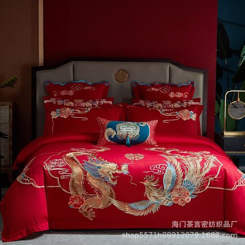 上新100S长绒棉中式精美刺绣婚庆四件套大红婚嫁床上用品套件