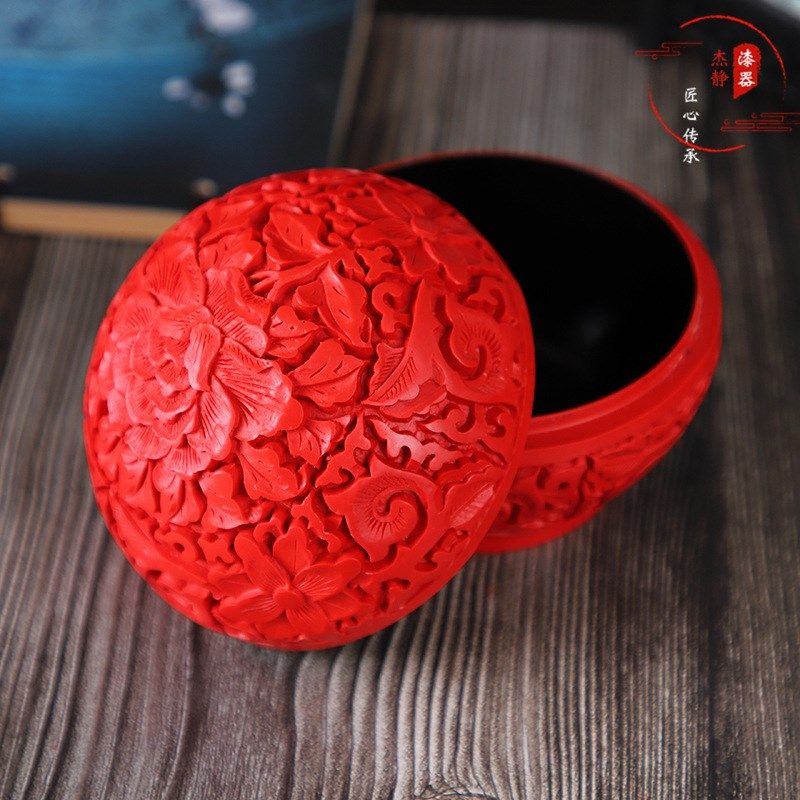 特色漆器4.5寸高庄盒 漆雕首饰盒 雕漆 民间工艺品漆器小礼品糖缸