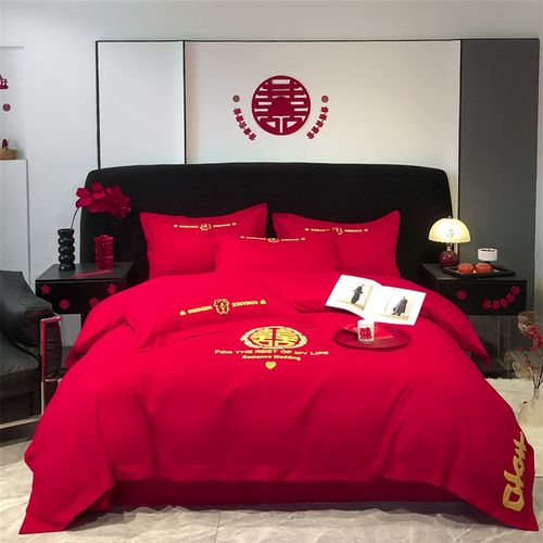 中式磨毛婚庆毛巾绣四件套红色刺绣结婚喜庆陪嫁婚房喜被床上用品