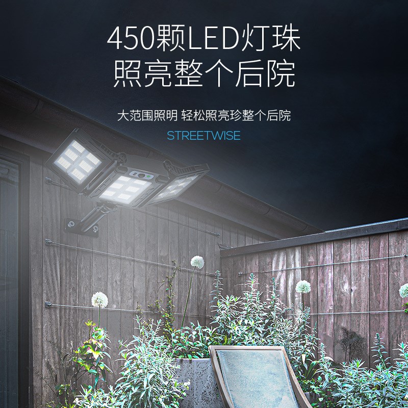 恒诺新款太阳能路灯感应庭院壁灯遥控室外围墙照明灯地摊夜市灯无