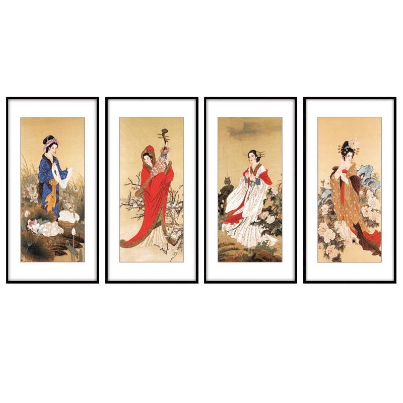 古代四大美女人物挂画新中式客厅装饰画饭酒店玄关壁挂画古典四联图片