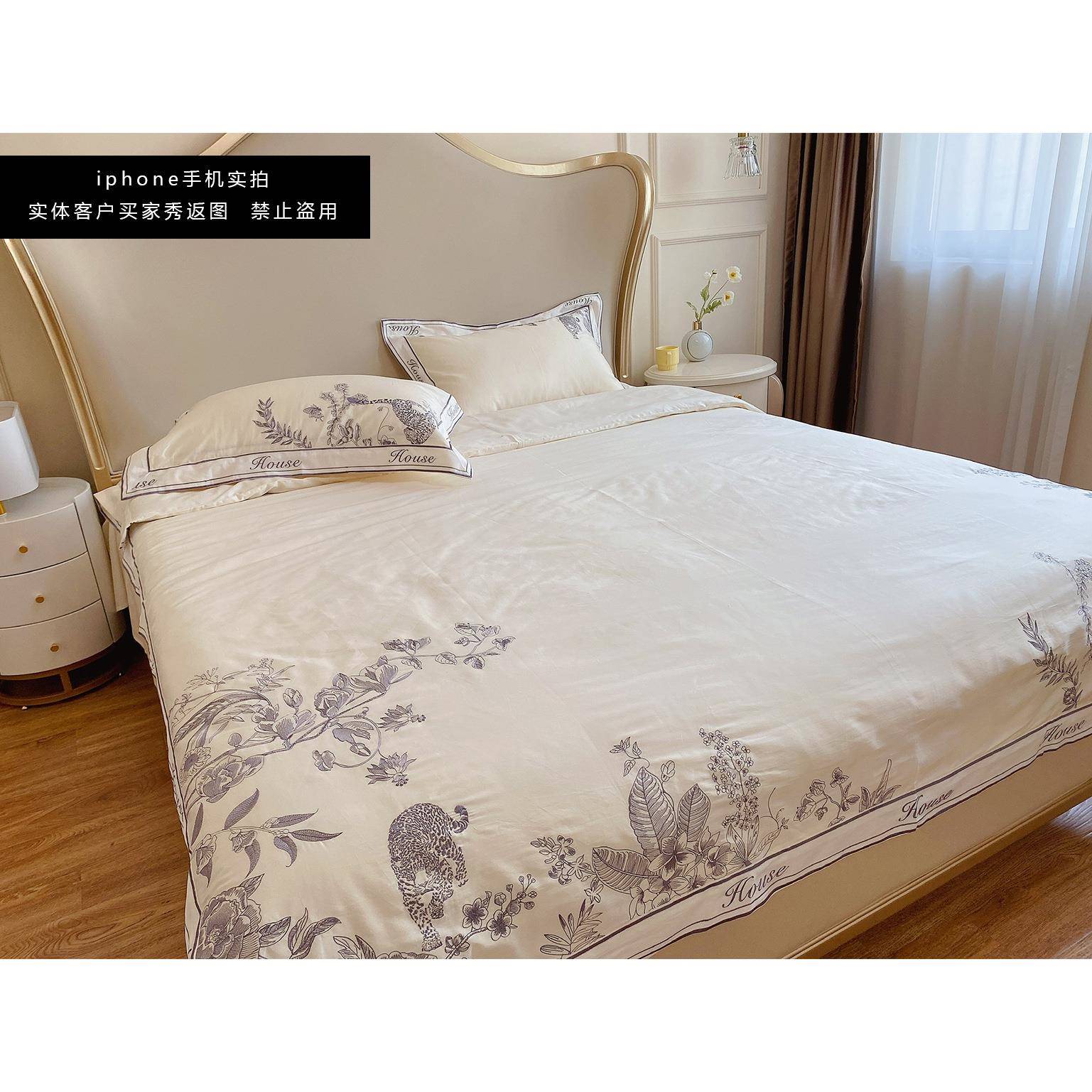 码法式感14被0支贡缎长绒棉四件套纯棉全数棉刺绣单套床HTA140支