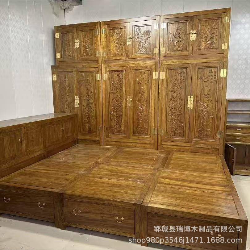 榆木家用木制衣柜一体榻床卧榻室收实木无品牌/纳中式靠背双米人