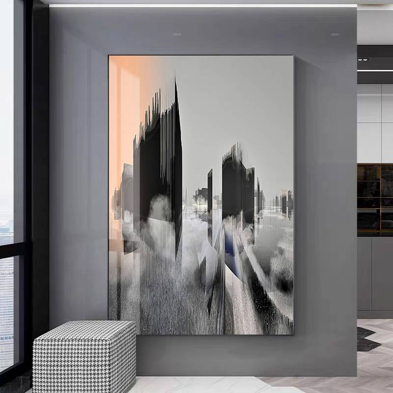 倒影世界玄关装饰画建筑城市抽象壁画现代简约工业风酒店黑白壁画图片