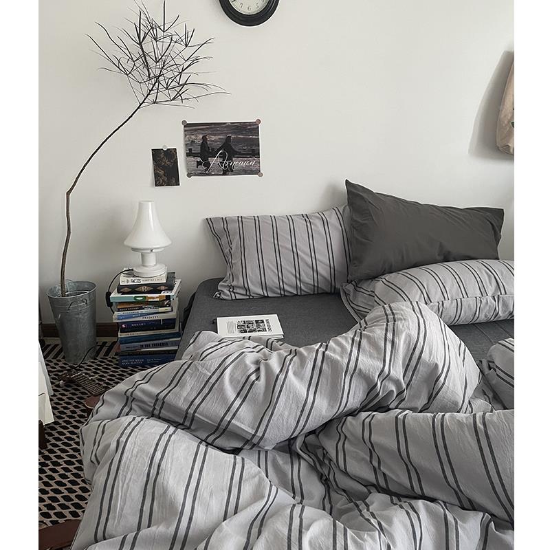 B62德海文/F767MSH8中古风复布古条纹水洗棉四X件套美式简约床单
