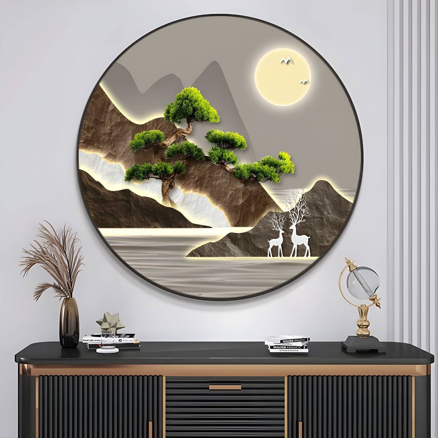 新中式圆形画框装饰画荷花九鱼图卧室餐厅书房挂画入户玄关壁画图片