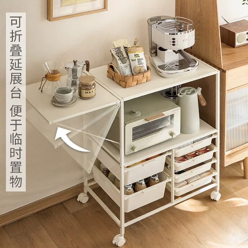 厨房置物架带抽屉收纳微波炉小家电储物柜备餐工作台可移动餐边柜