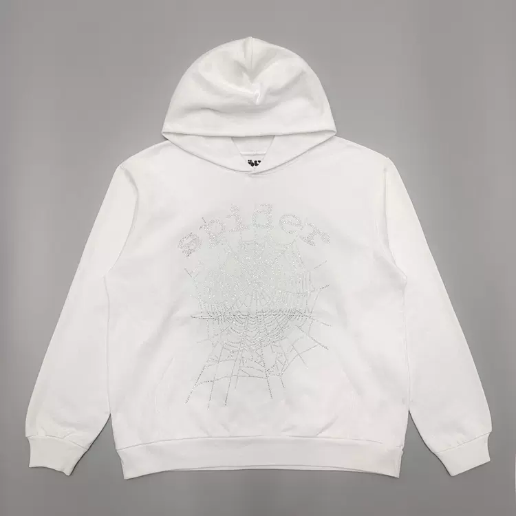 Sp5der FW23 【Stock x version】 HOODIE Rhinestone 烫钻White蜘蛛网潮牌男女同款套头卫衣帽衫  白色  尺码：S-XXL  792