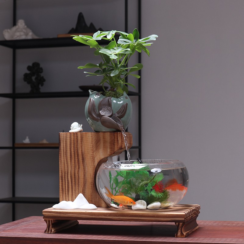 忆青桌面玻璃金鱼缸饰品流水摆件客厅风水招财开业礼品电视柜喷泉