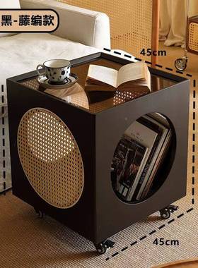 中古风可移动几物藤编木小实茶几客厅沙发推车床头柜创边93057意