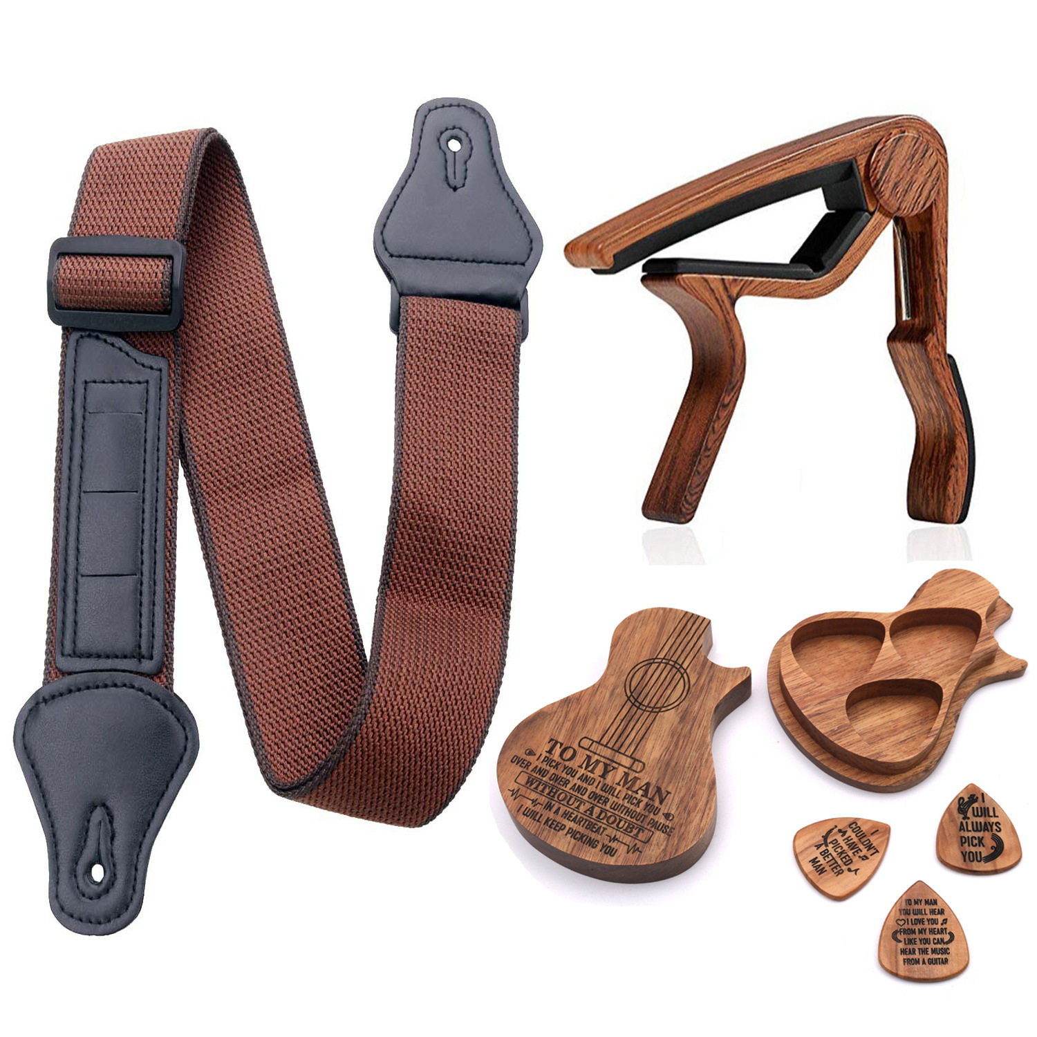 吉他背带+拨片盒+拨片+木纹变调夹