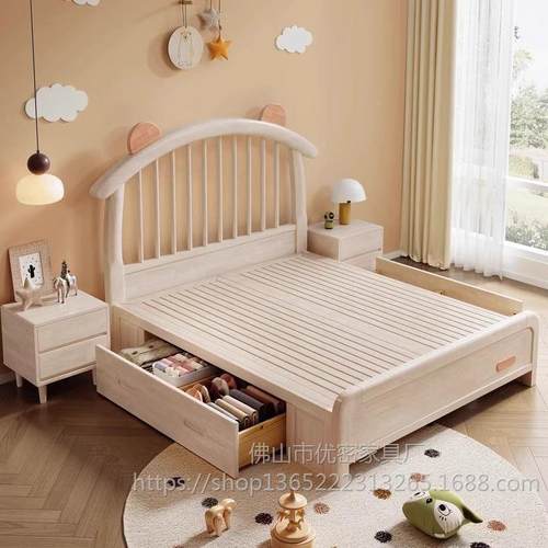 全实木儿床原木男户型TNV储物小床1.生2米单人床女孩童卧室床1米5