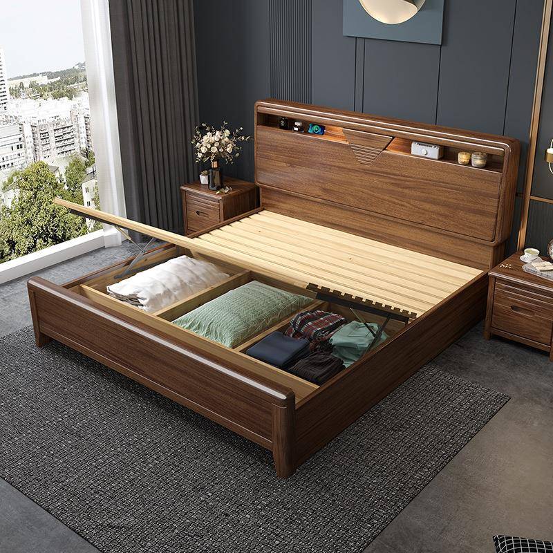 5MO新款胡桃Q木1实木床.8米中式主卧夜灯双人床简约MOF现代储物