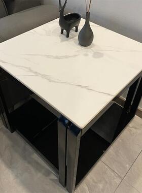 简约轻奢WZF黑色代锈钢岩板角几现大茶几沙发边柜理石边几方几不