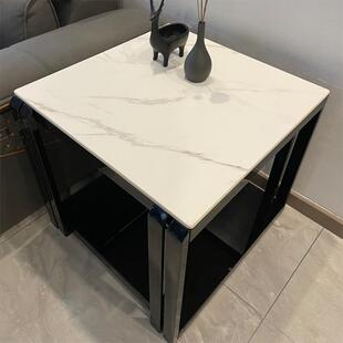 简约轻奢WZF黑色代锈钢岩板角几现大茶几沙发边柜理石边几方几不