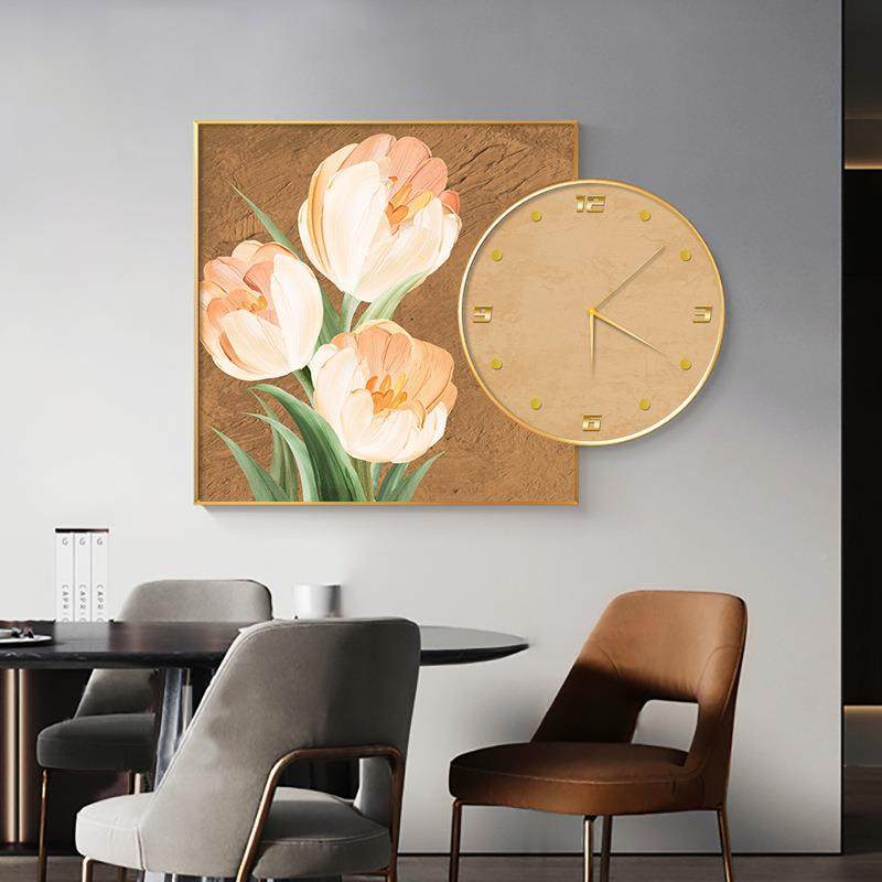 现代客轻餐奢画高档厅装饰郁RMN金香厅挂画创意组合时钟花卉饭厅