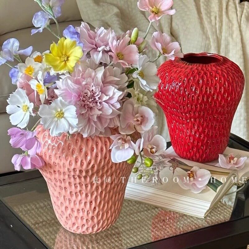 新中式草莓玻璃花瓶客厅餐桌饰品摆件 创意轻奢鲜花装饰水培花瓶