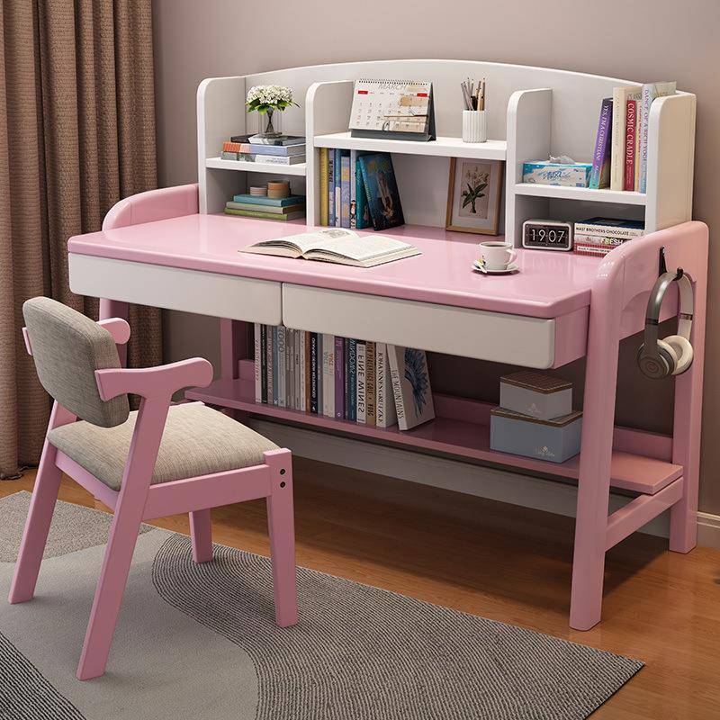 实木书桌带学书架一体家用中小约学生写字习桌简代现可升WRL降电