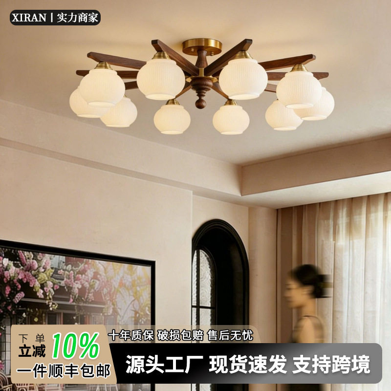 全铜古风客厅吊灯美式蜡烛复古黑胡桃木大气高端轻奢卧室吸顶灯