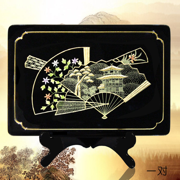 折扇山水摆件 装饰品现代摆件挂盘挂饰观赏盘/对摆瓷送礼臻品