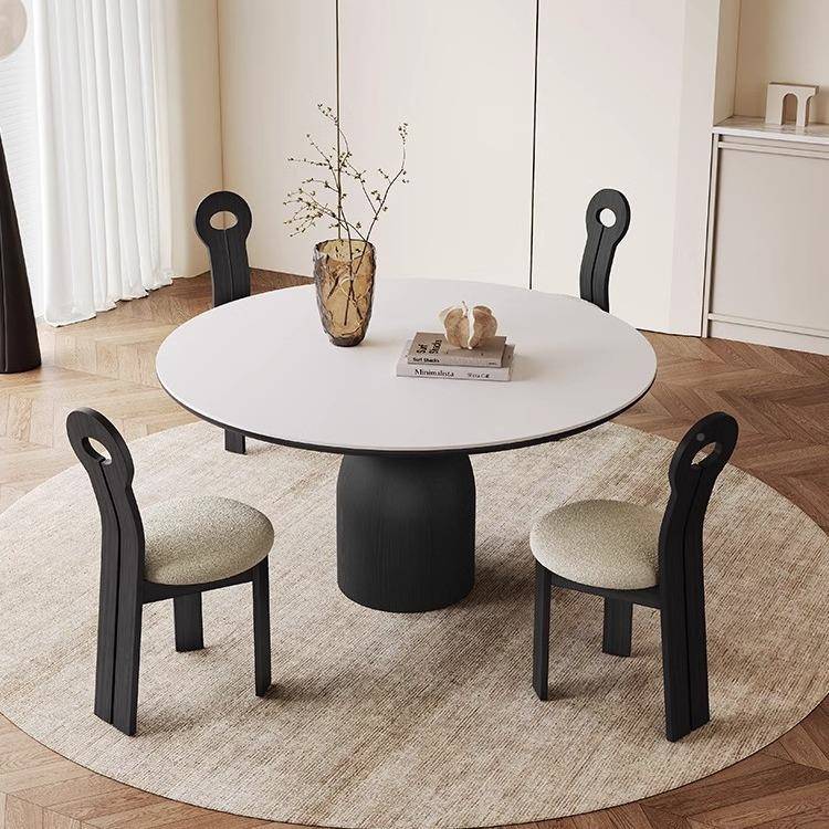 复古板实木圆形极餐桌轻奢高小端户型家LET用意式简哑光白色岩圆