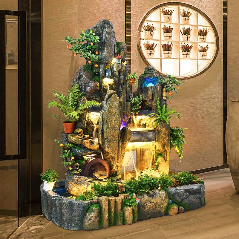 大型高山流水泉风客水轮招财摆公YWS司厅假件喷山鱼缸水幕加湿器