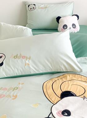 大熊猫刺绣卡棉蓝色可爱水洗棉纯三四件套全棉通儿QYD童男孩被床