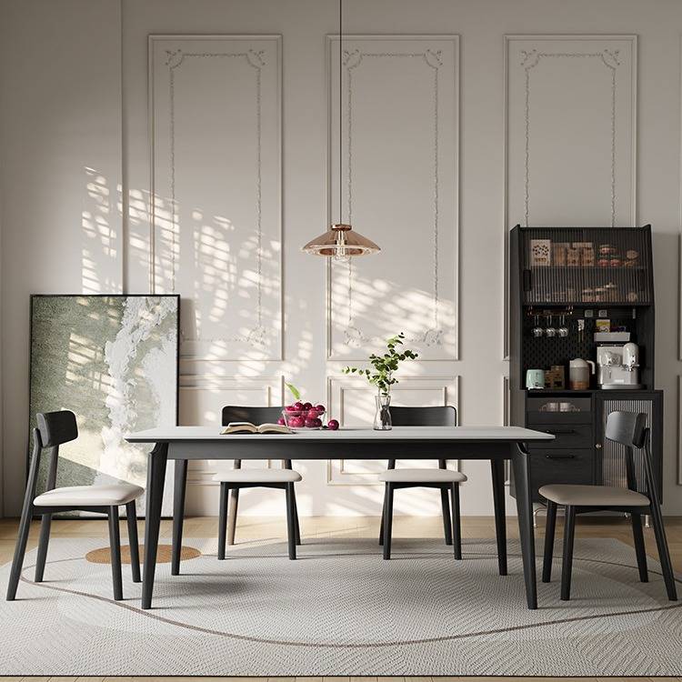 意式长方形岩板饭桌全实木岩板四人餐桌椅组合轻奢小户型吃饭桌