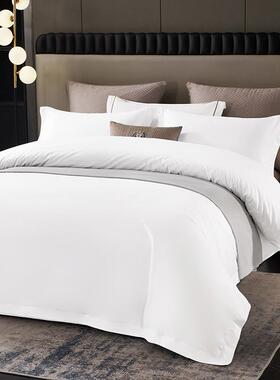 棉宾酒ULQ店全床笠款四件馆套白色贡缎床单被人床单枕套床垫纯棉