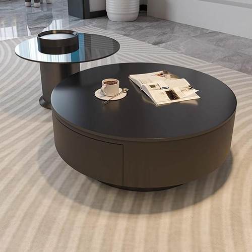 板圆形家茶几客厅用轻奢现代约大气大岩小户型简黑色茶桌意式LVI