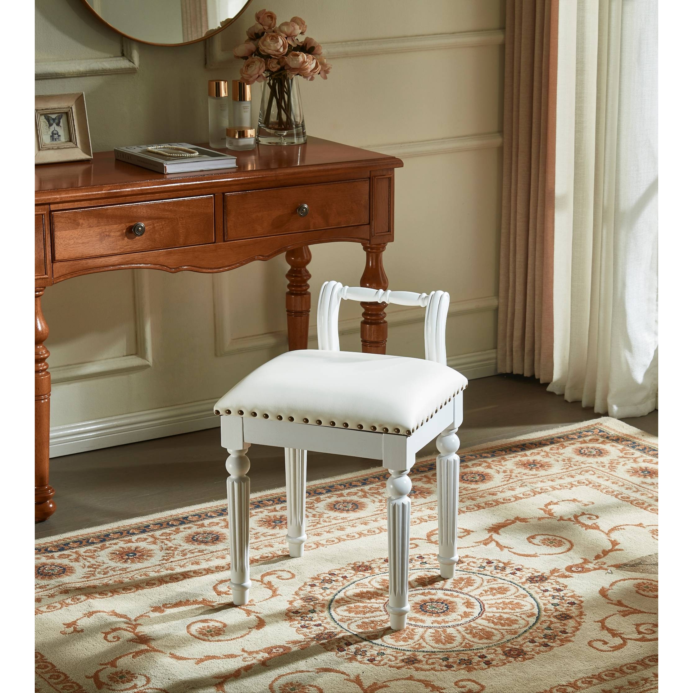 N5美式实木化妆凳欧式简约现代书桌皮凳子卧室梳妆台靠背椅子梳妆
