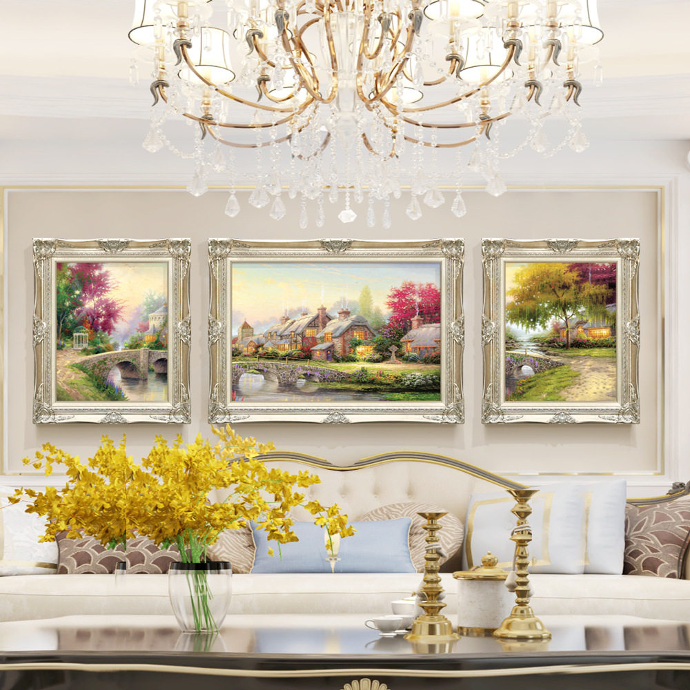 欧式客厅油画沙发背景装饰画三联林间小屋风景画简欧壁画挂画