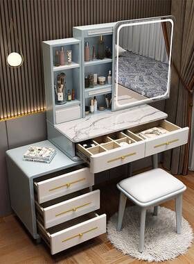 轻奢实木岩梳板妆台卧室39478功现代简化妆台化妆桌约储物柜多能
