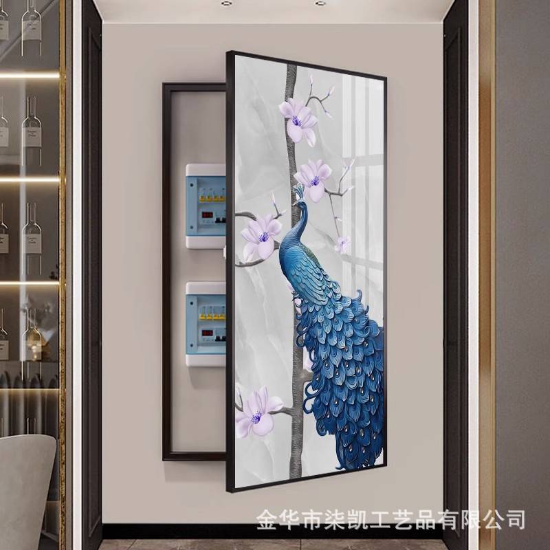 现代轻奢孔雀玄关电表箱装饰画大尺寸配电箱遮挡别墅高端大气挂画图片