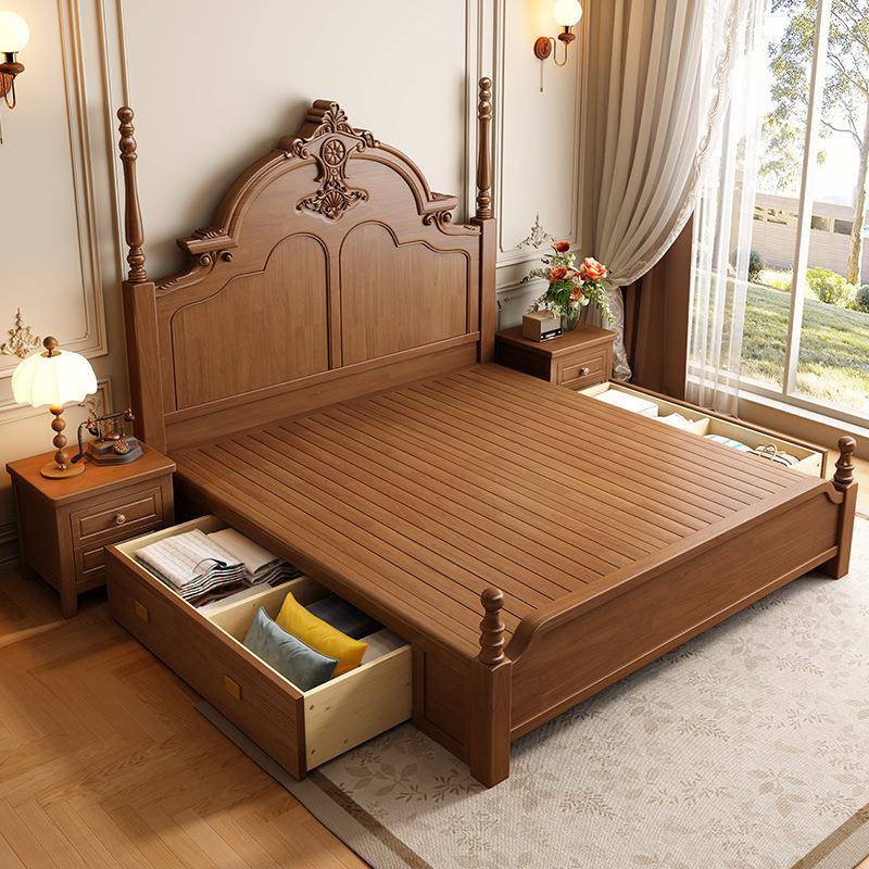 法HMJ-H21式复古木床胡桃色软靠1.米单人床5.8双人主卧1室豪华大