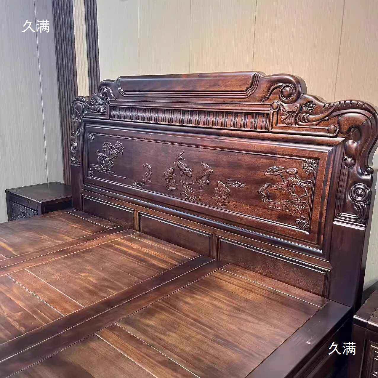 紫厚檀木实木床新中式卧1米8大人床榫卯结双构加仿古CGJ室雕花床