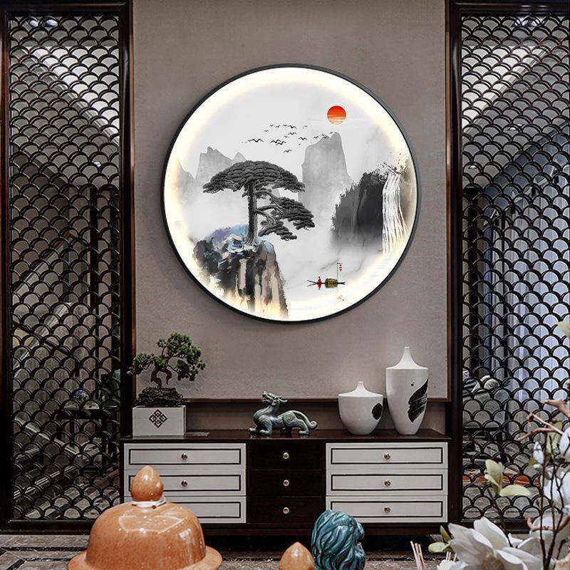 迎客松新中入户玄关画装饰画圆形式带灯画进门画中FVJ国挂客厅壁
