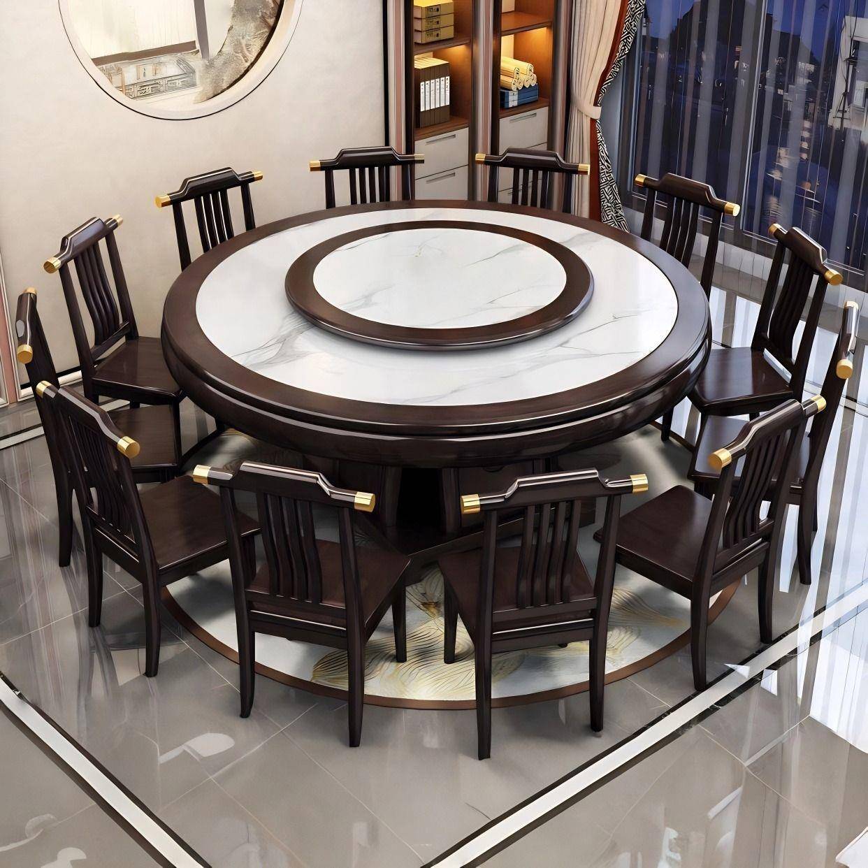 新中式实木餐桌带转盘电磁炉餐桌椅组合高档饭桌家用酒店圆桌饭店