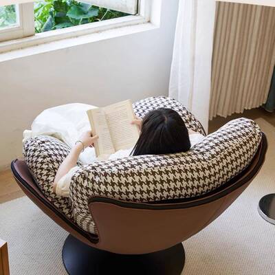 现代单人蛋壳发椅沙32552千鸟格麻休布家用沙懒人发闲复古可旋转