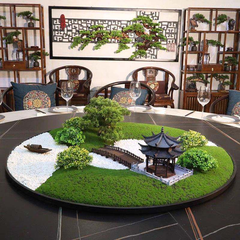 装DRD酒店大圆桌圆中间摆花仿真苔藓绿植微景观饰品形餐盘桌转摆