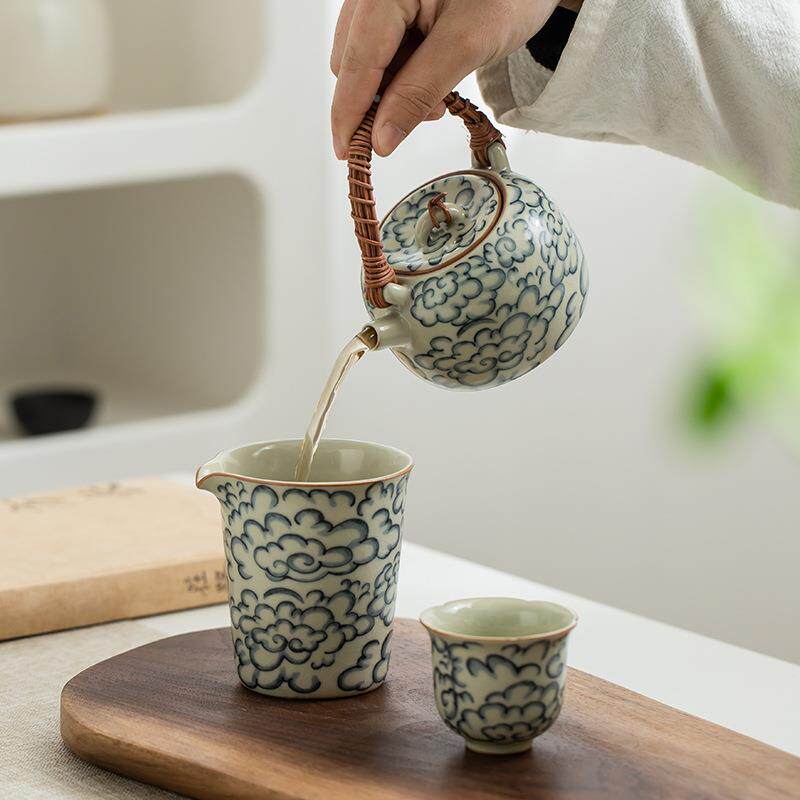 佰祥云汝家窑复古提梁壶青花瓷用办A-23845室公泡茶壶带过滤功昌
