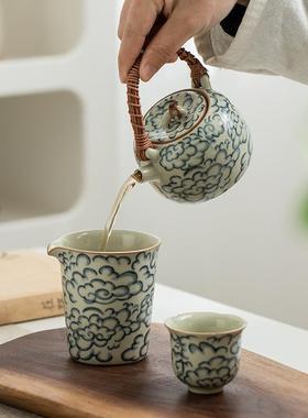 佰祥云汝家窑复古提梁壶青花瓷用办A-23845室公泡茶壶带过滤功昌